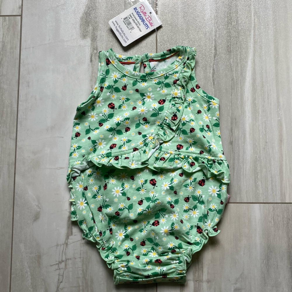 NWT RuffleButts Mint Green Daises & Ladybug Printed Ruffles Bubble Romper, 0-3M